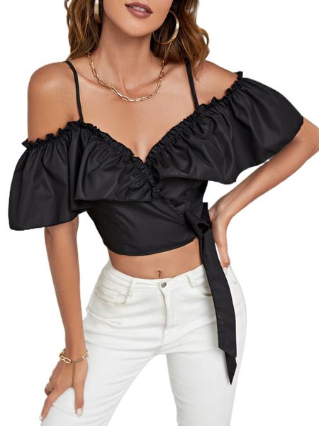 

cold shoulder frill trim knot side crop blouse k1yy#, White