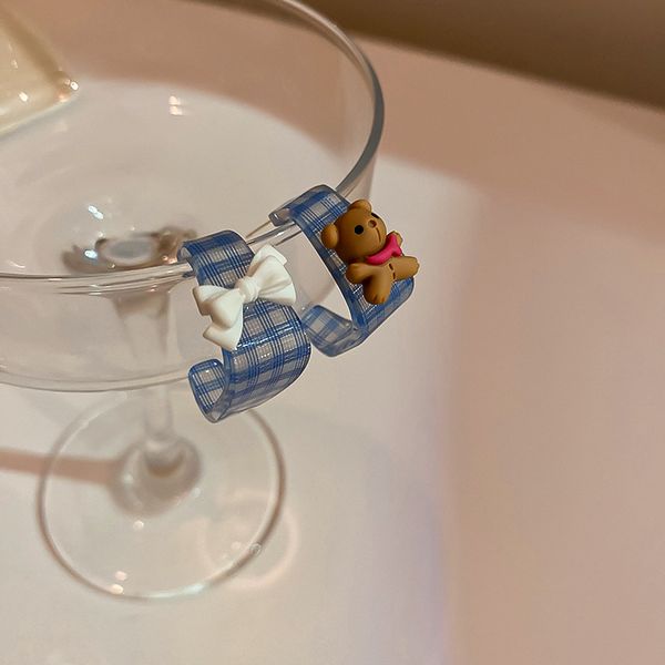 

925 silver needle bear bow acrylic earrings ins style korean plaid sweet earrings fresh cute eardrop, Golden