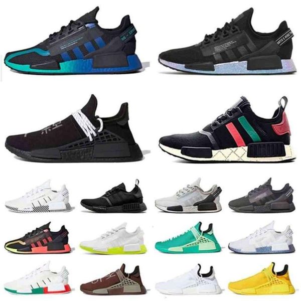 

2021 nmd r1 v2 pharell williams human race hu trail running shoes men women black white speckled eye orange aqua tones mens wo spo166z