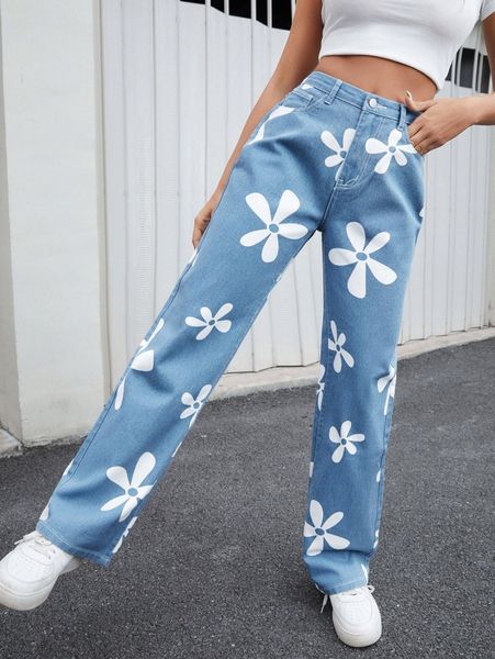 

floral print straight leg jeans g0e6#, Blue