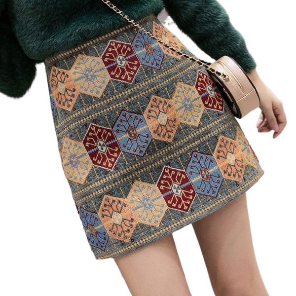 

autumn and winter fashion high waist bag hip skirt slim slimming a-line short ethnic style skirts 73pl#, Black