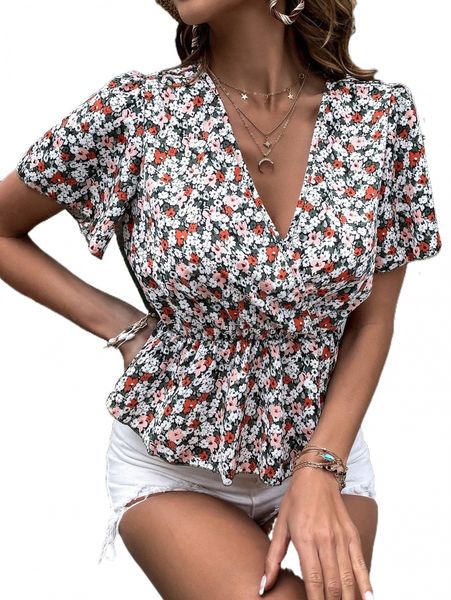 

ditsy floral print butterfly sleeve peplum blouse 31xn#, White