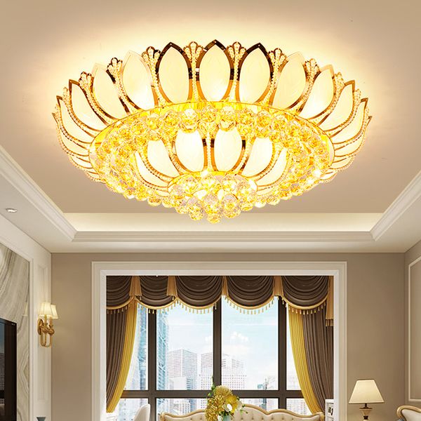 Americn Lotus Crystal Teto Luzes de acessórios modernos lâmpadas de teto dourado Lâmpada de lustre europeia Lustres montados superfície 3 Luz branca Dimmível Dia120cm