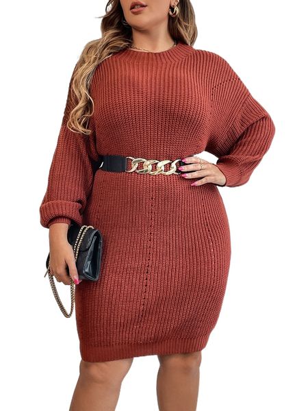 

plus drop shoulder eyelet detail sweater dress without belt f4ep#, Black