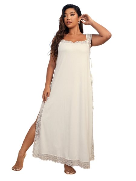

plus contrast lace tie side slit thigh nightdress k9jx#, Black;white