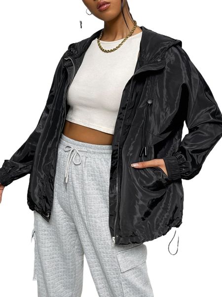 

drawstring hem slant pockets dolman sleeve hooded wind jacket z8yx#, Black;brown