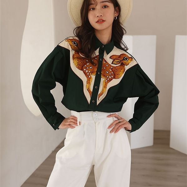 Cheerart cervos bordado camisa de manga longa botão vintage até colarinho camisa verde escuro para mulheres designers tops e blusas 220513