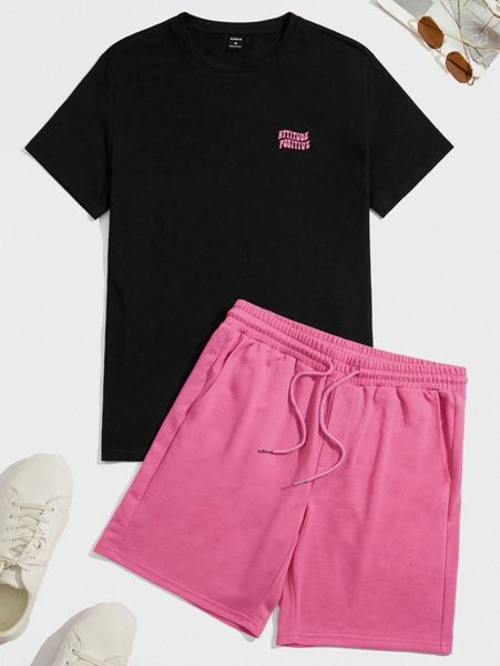 

men letter graphic tee & drawstring waist shorts 14ib#, Gray