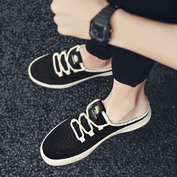 

summer men step on sneakers breathable flats casual loafers fashion comfort shoes dasiy design household youth slippers, Black