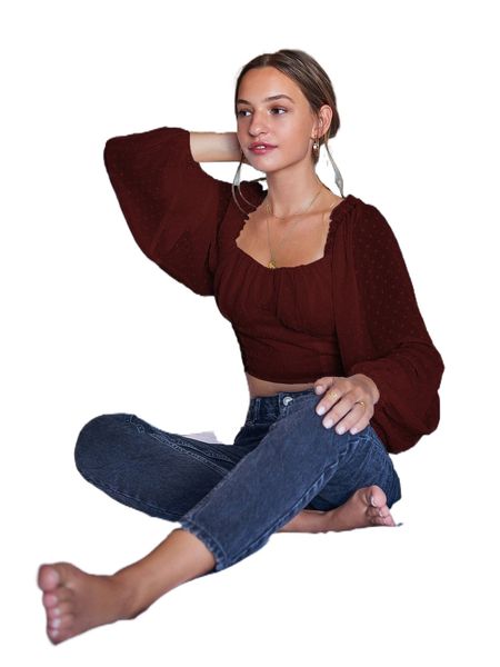 

swiss dot lettuce trim crop milkmaid blouse g0wu#, White