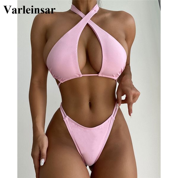 

new halter high cut pink bikini women swimwear female swimsuit two-pieces bikini set padded bather bathing suit swim v3116, White;black