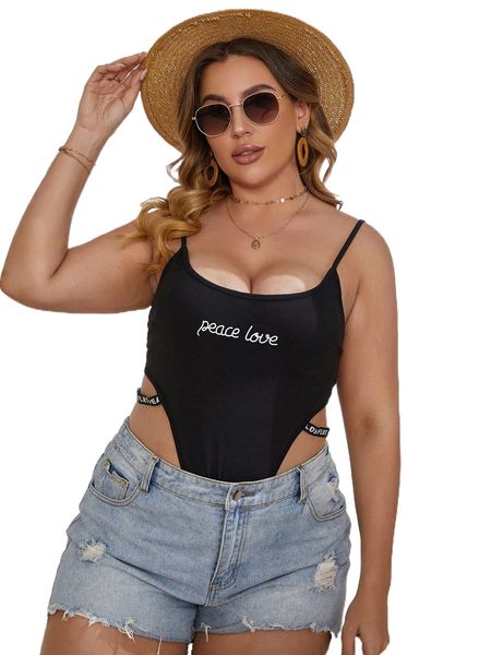 

plus letter graphic tape detail cami bodysuit p0e4#, Black
