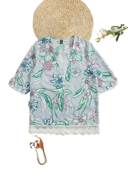 

floral contrast trim kimono g8un#, White;black