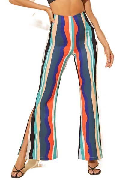 

split hem flare leg wave striped pants l369#, Black;white