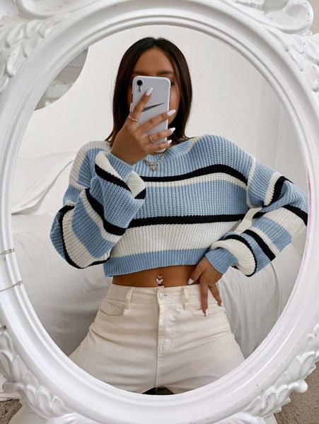 

color block drop shoulder sweater i8gr#, White;black
