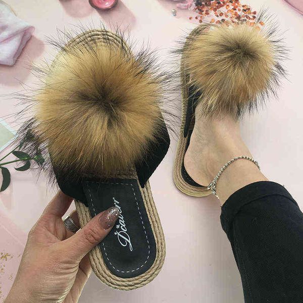 

real fur pom house slippers women summer fluffy pom slippers faux espadrilles slippers fashion shoes ladies furry slides, Black