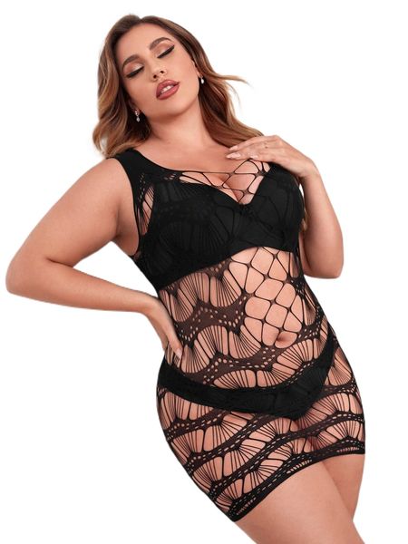 

plus hollow out dress without lingerie set 89q1#, Black;white