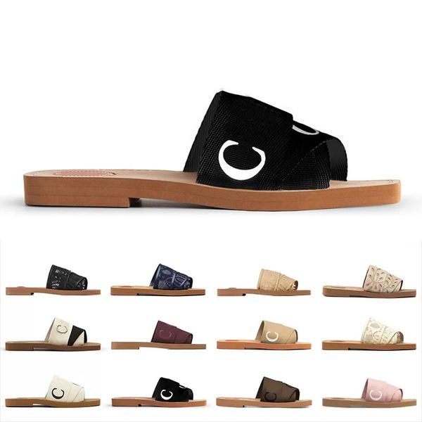 

2023 designer woody sandals for women mules chole flat slides light tan beige white black pink lace lettering fabric canvas slippers womens