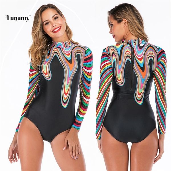 

lunamy 2019 colorful print 1pc swimsuit women swimwear summer bathing suits padded beachwear back zippered surfing suit t200708, White;black