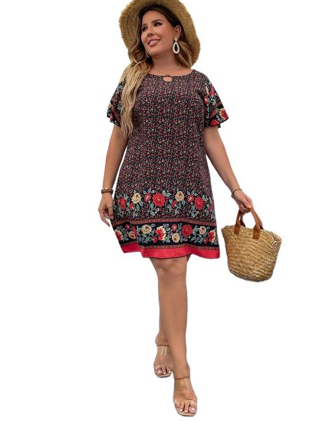 

plus floral print keyhole neck flutter sleeve tunic dress k3ir#, Black