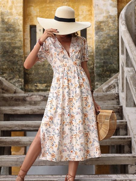 

floral print puff sleeve split thigh dress c6za#, Black;gray