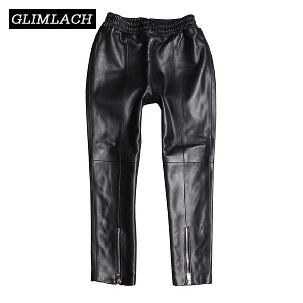 

real leather harem pants women elastic waist slim 100% lambskin genuine leather trousers female zippers pencil pants streetwear 201228, Black;white