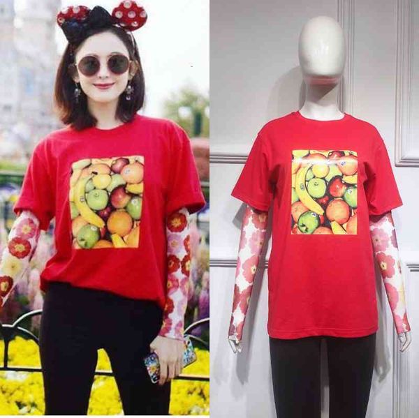 

women's t-shirt gulinaza star fruit printed red short sleeved t-shirt flower bottomed slim sunscreen women, White