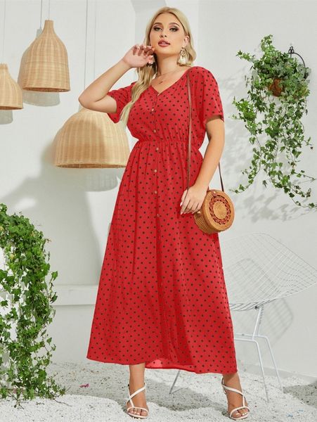 

plus polka dot v neck a-line dress g4oo#, Black