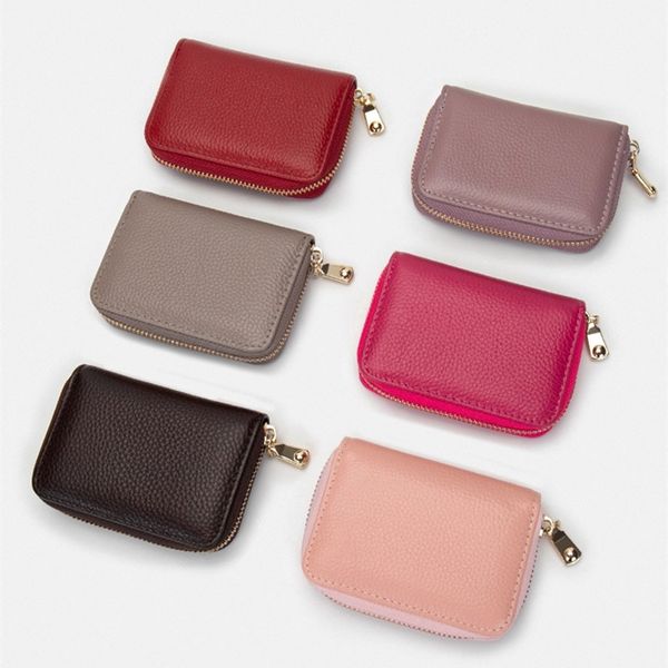 

anti-theft brush head layer cowhide organ card holder multi-card leather holder women men's zipper wallet coin purse fashion, Brown;gray