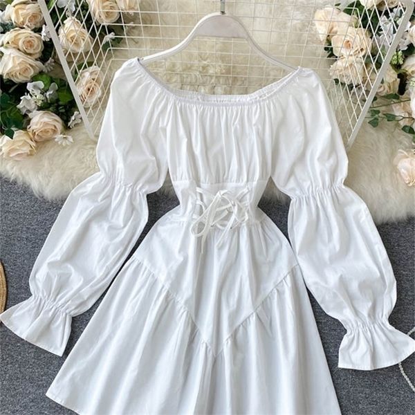 

yuoomuoo early autumn dress 2022 retro gothic women white black bandage mini dress off shoulder puff sleeve korean vestidos 220316, Black;gray