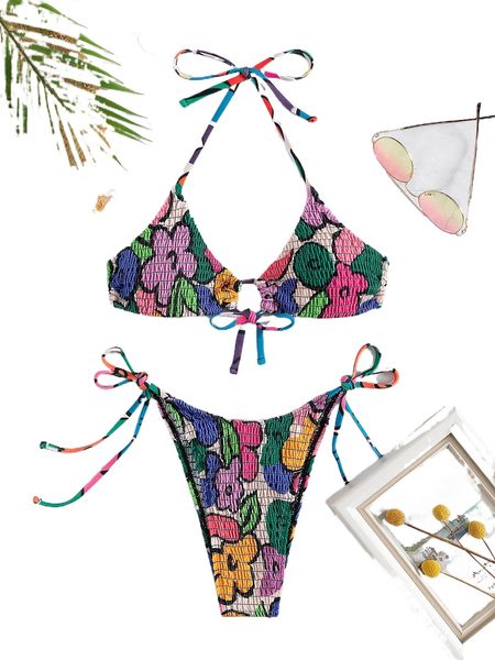 

random floral print smocked tie side halter bikini swimsuit w0jp#, White;black