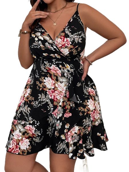 

plus floral print ruffle wrap hem cami dress 25sg#, Black
