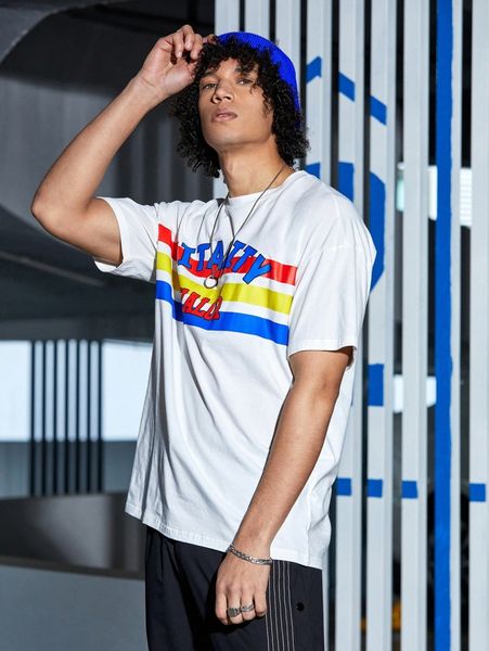 

men letter & striped print drop shoulder tee m9qg#, White;black
