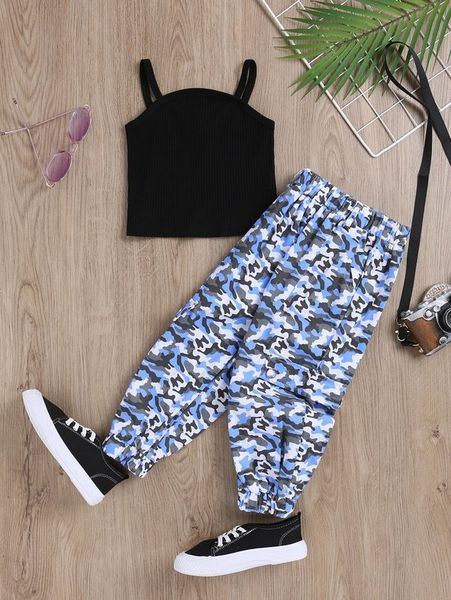 

toddler girls solid cami & camo slant pockets pants she, White