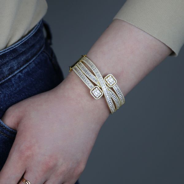 

baguette cz bracelets bangles sparking bling cubic zirconia gold silver color luxury fashion multi layered band jewelry, Golden;silver
