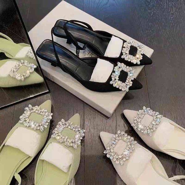 

high heeled slippers pointed sandals female summer line with rhinestone fairy net red thin heel baotou bhja, Black