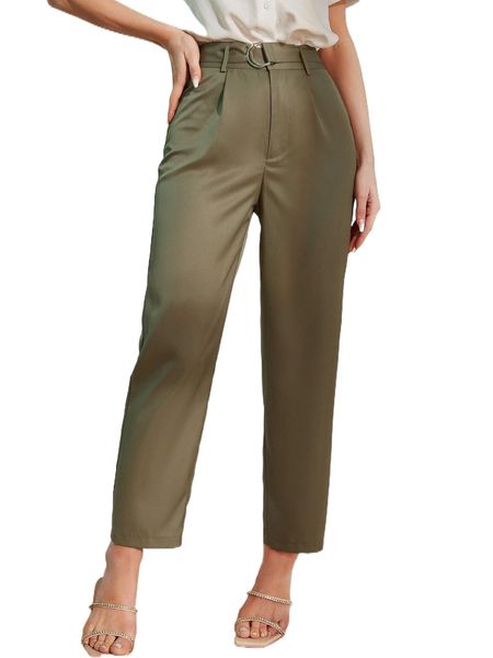 

high waist plicated detail buckle belted pants v34d#, Black;white