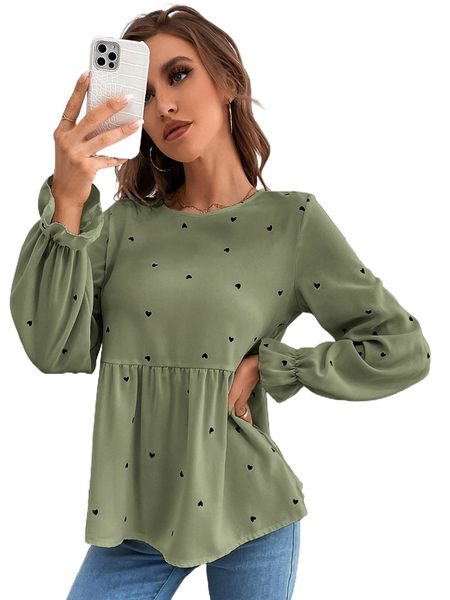 

heart print flounce sleeve peplum blouse f4oi#, White