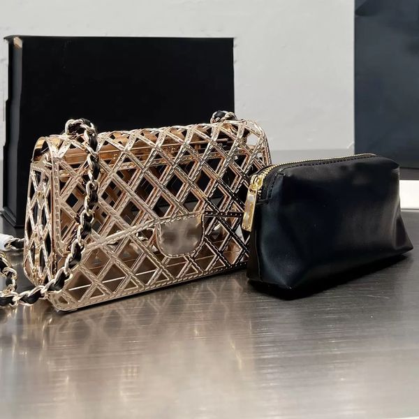 

22ss designer gold metal hollow flap bag with zip leather bag lined classic check hardware chain crossbody bags premium luxury ladies mini s