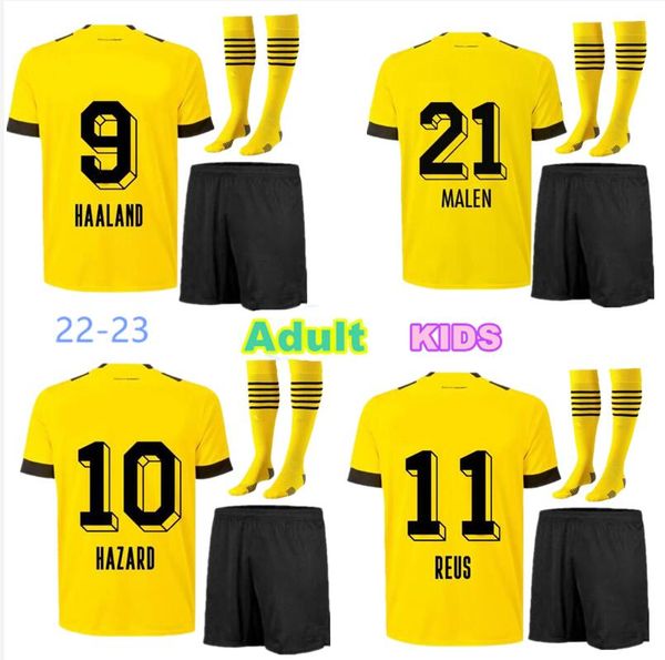 

haaland soccer jersey set 22 23 football jersey t shirt 2022 2023 reus dortmundes neongelb bellingham hummels brandt men kids kit sock, Black