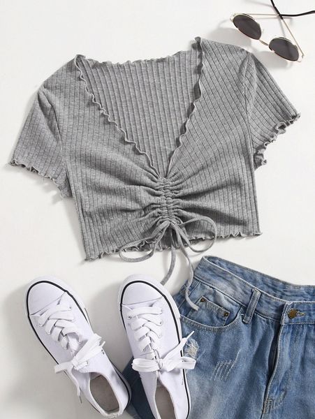 

lettuce trim drawstring ruched front crop tee l4df#, White