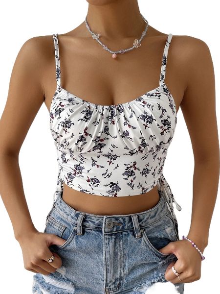 

floral print drawstring side ruched bust cami v3ob#, White