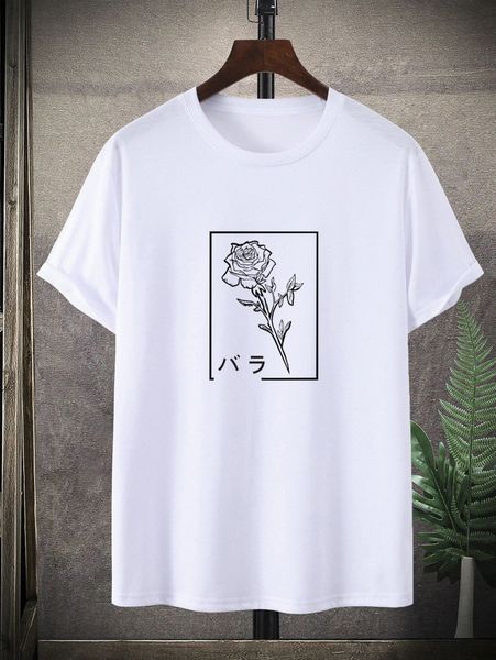 

men floral & japanese letter graphic tee a44p#, White;black
