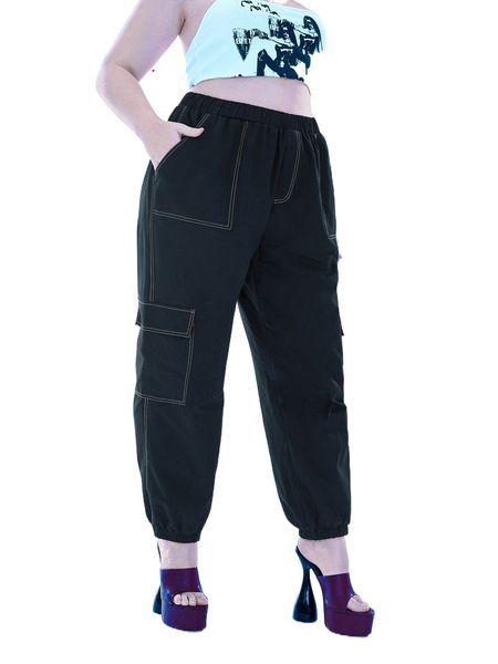 

plus stitching flap pocket cargo pants z69i#, Black