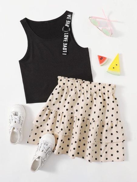 

girls o-ring letter tape tank & polka dot skirt she, White