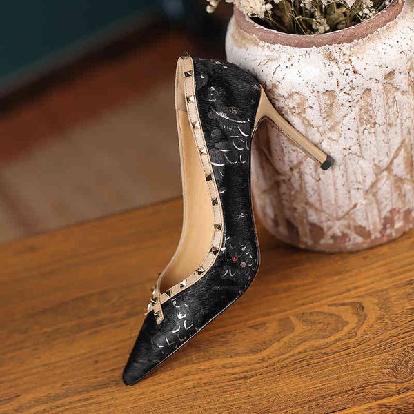 

dress shoes spring and summer women's shoes pointed thin high-heeled horse fur color matching metal rivets fashion single i65g, Black