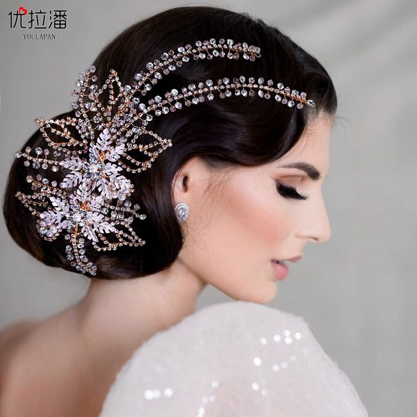 Gold Festliche Pteris Hochzeit Tiara Diamant Barock Braut Kopfbedeckung Krone Strass mit Hochzeitsschmuck Haarschmuck Brautkronen Kopfschmuck HP254