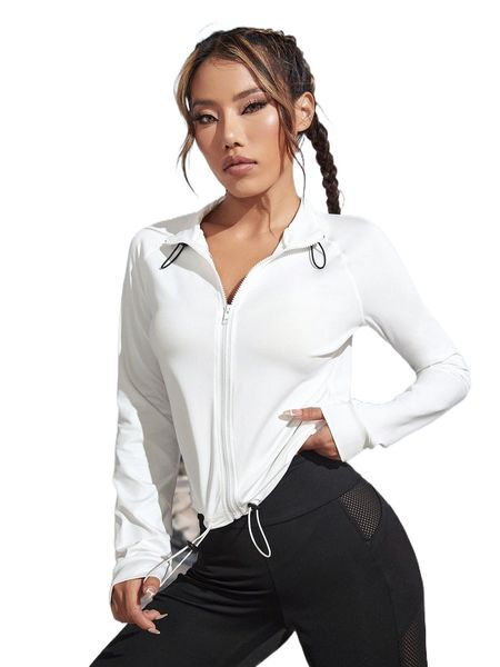 

drawstring raglan sleeve zip up sports jacket w706#, Gray