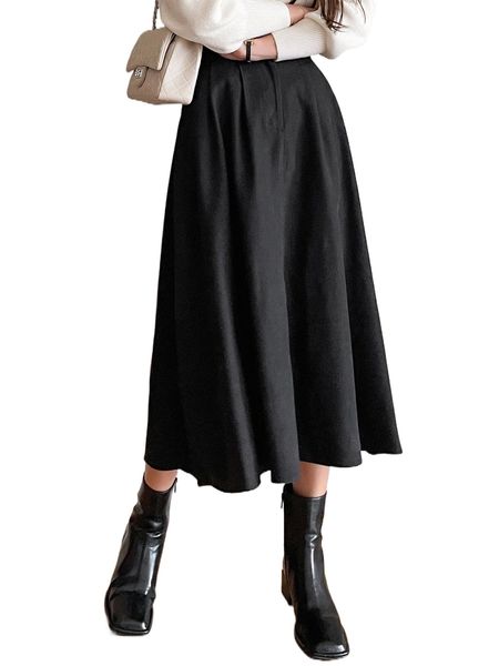 

dazy solid high waist fold pleated skirt m8fw#, Black