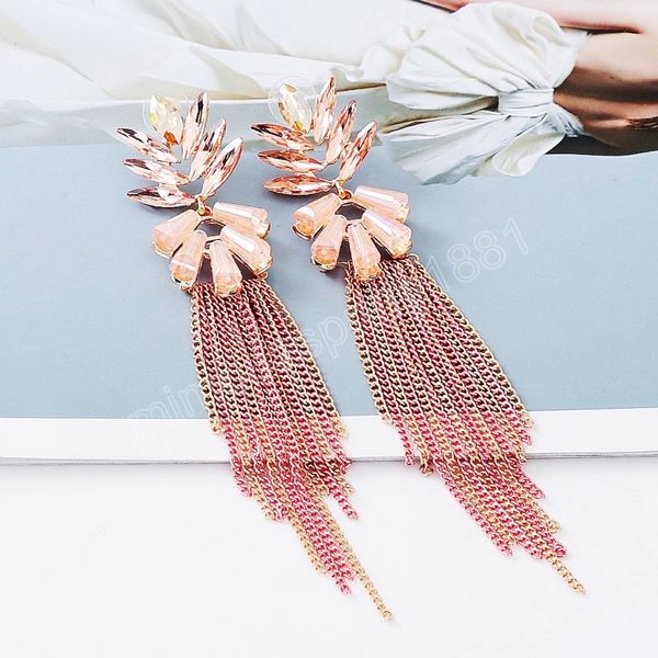 Rosa Kristall Lange Metallkette Baumeln Ohrringe Hochwertige Luxus Mode Strass Schmuck Zubehör Für Frauen